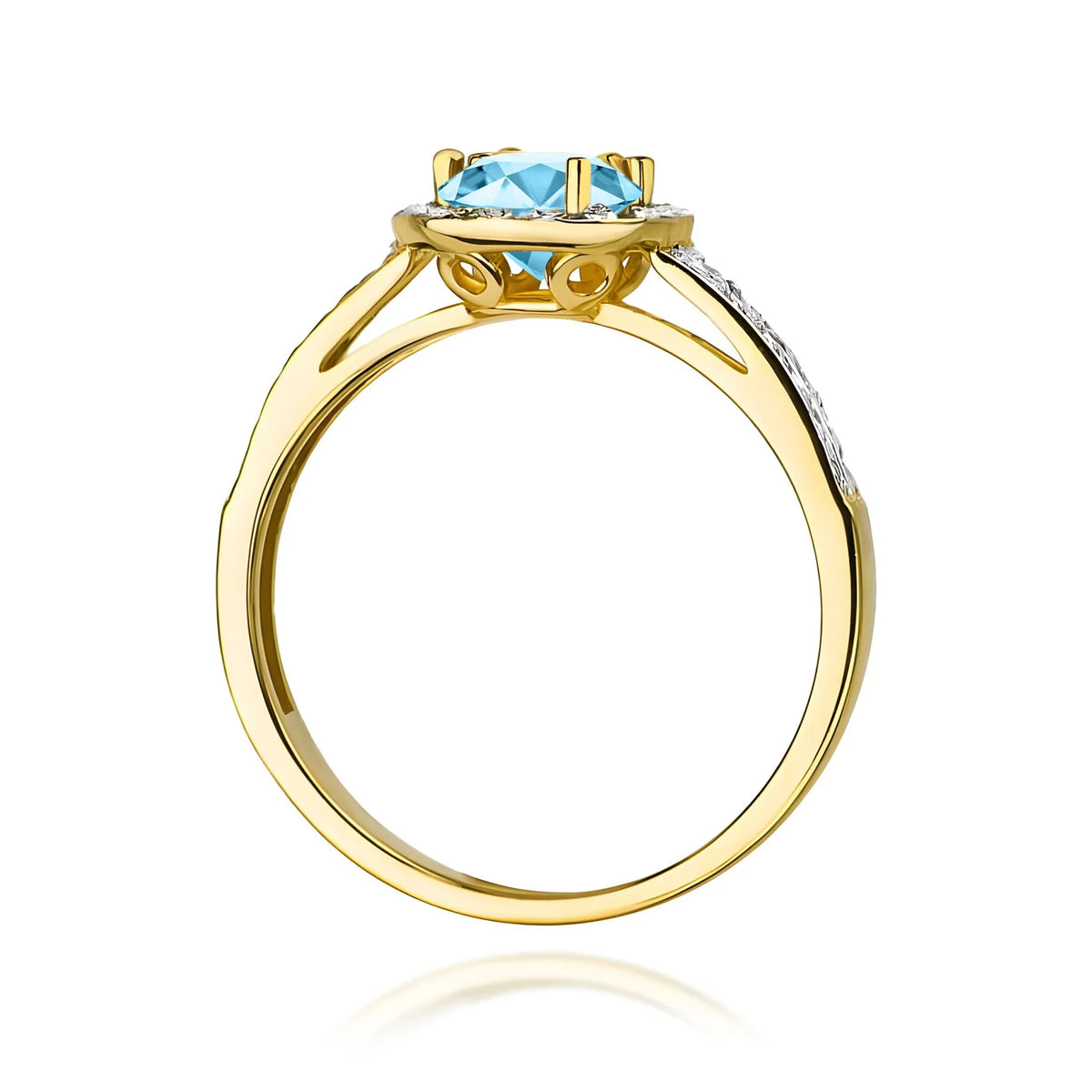 Halo-Pavé-Ring aus 585er Gelbgold mit rundem Swiss-Blue-Topas 0,50 ct und Diamanten 0,20 ct