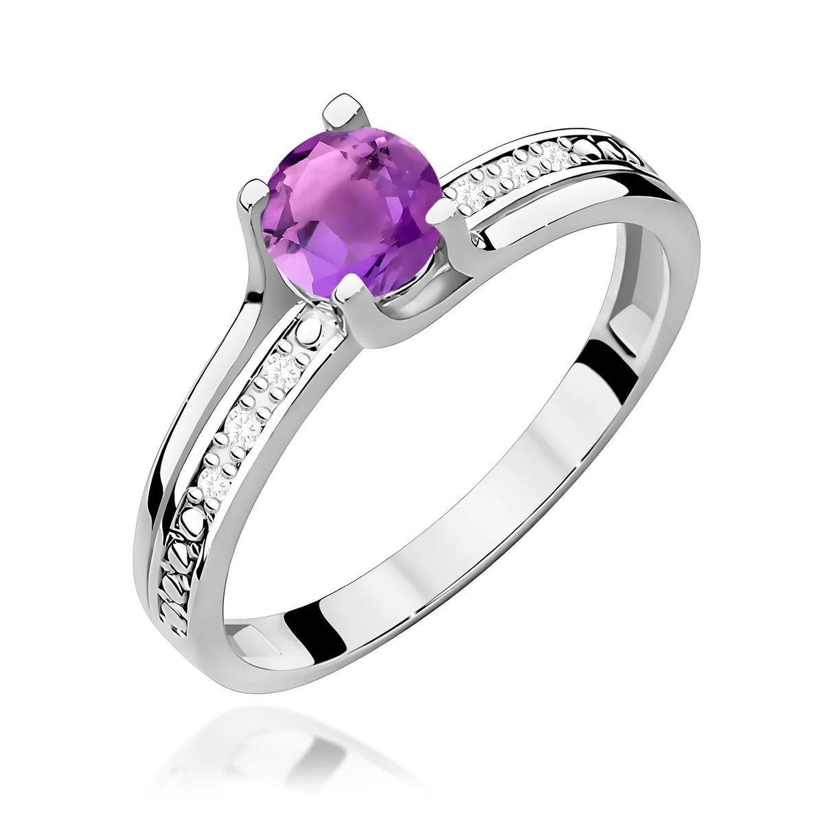 Halo-Ring aus 585er Weißgold mit rundem Amethyst 0,50 ct und Diamanten 0,03 ct
