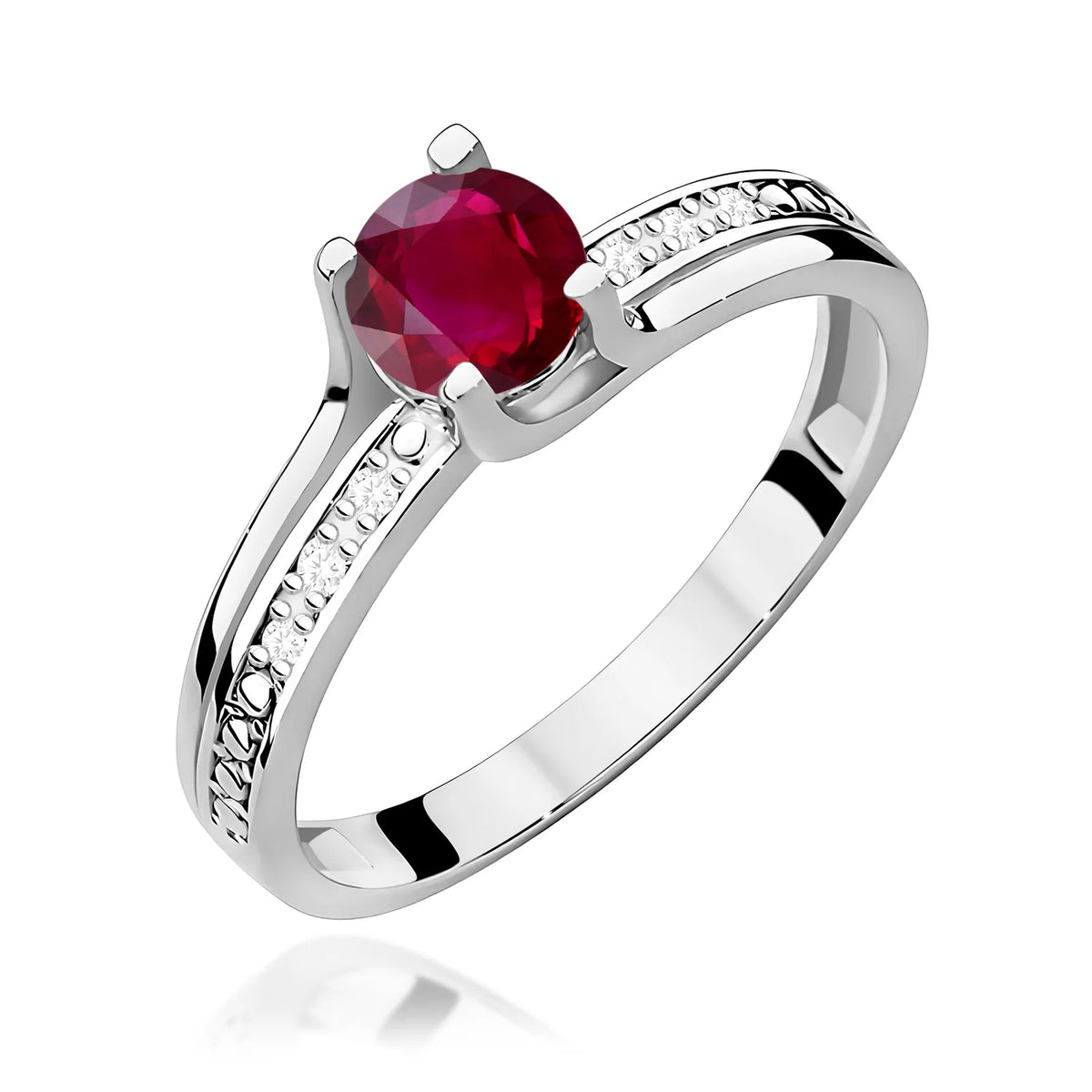Halo-Ring aus 585er Weißgold mit rundem Rubin 0,60 ct und Diamanten 0,03 ct