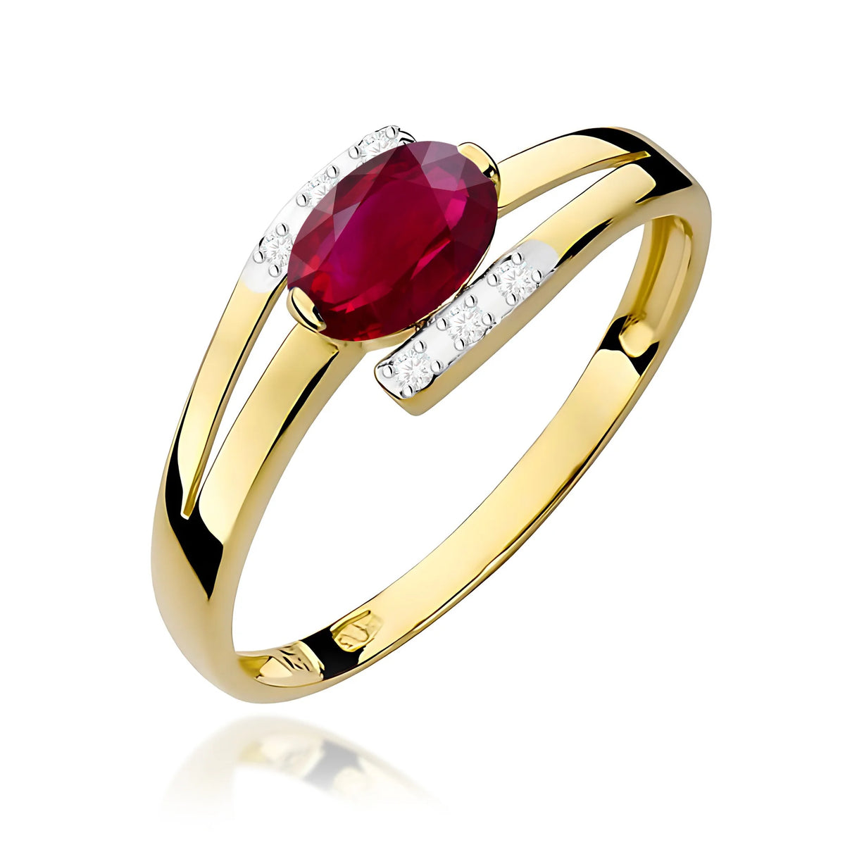 Bypass-Ring aus 585er Gelbgold mit ovalem Rubin 0,60 ct und Diamanten 0,052 ct