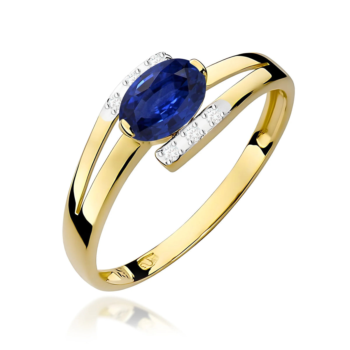 Bypass-Ring aus 585er Gelbgold mit ovalem blauem Saphir 0,70 ct und Diamanten 0,052 ct