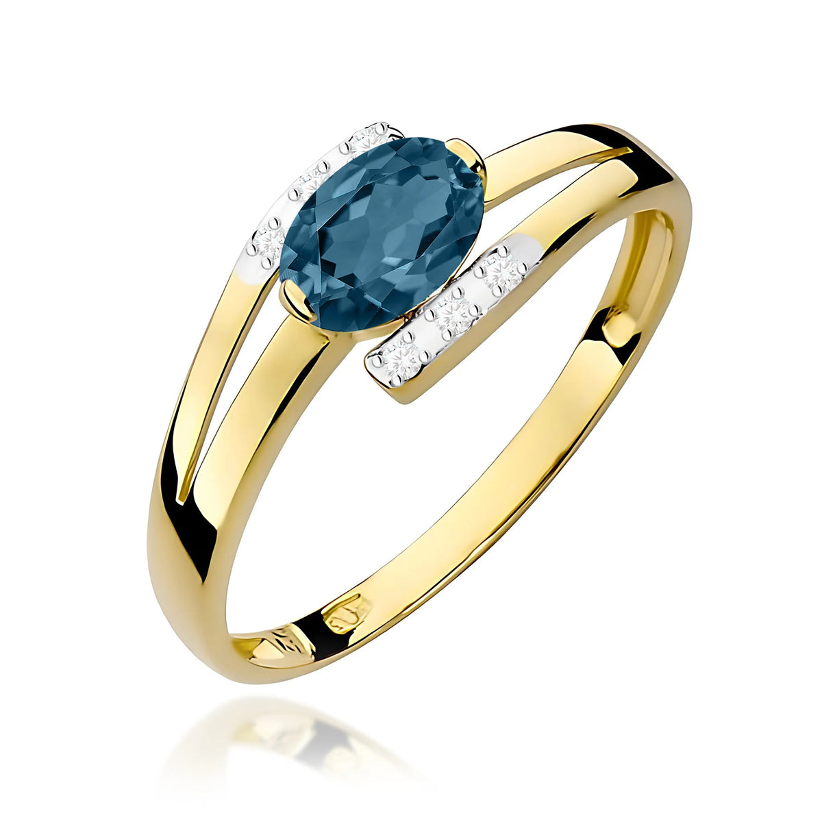 Bypass-Ring aus 585er Gelbgold mit ovalem London-Blue-Topas 0,50 ct und Diamanten 0,052 ct