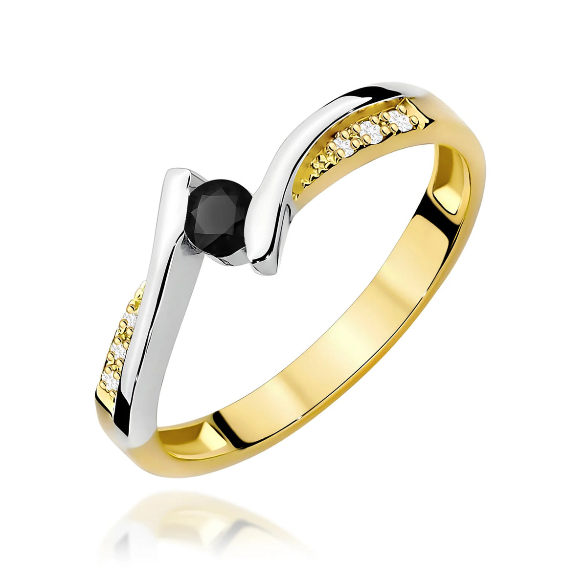 Offener Bypass-Ring aus 585er Gelbgold mit schwarzen Diamanten 0,12 ct und weißen Diamanten 0,03 ct