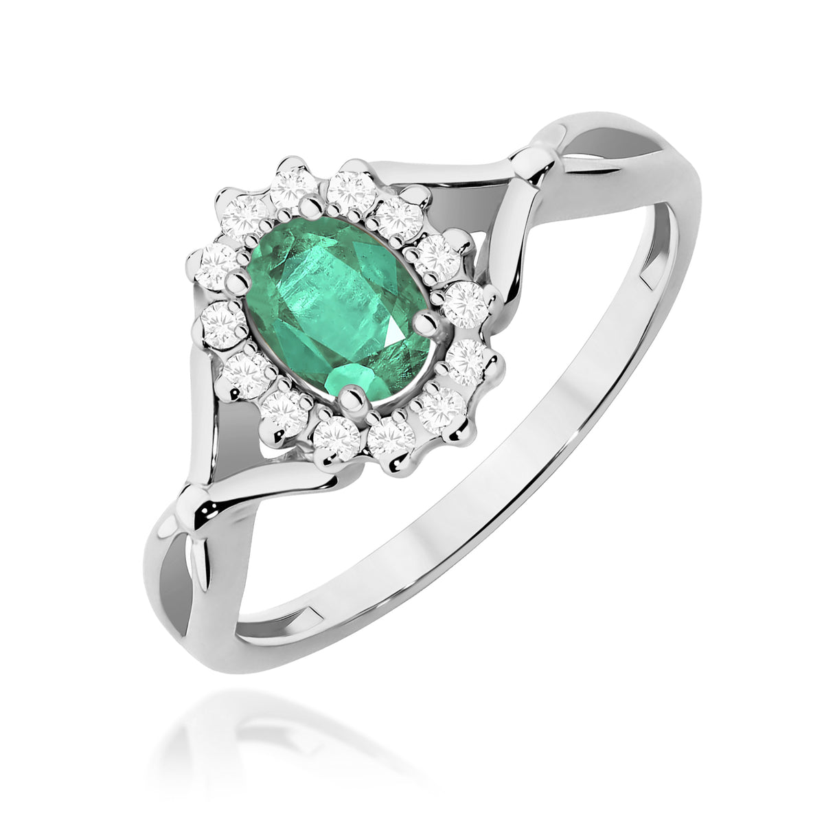 Geteilter Halo-Ring aus 585er Weißgold mit ovalem Smaragd 0,40 ct und Diamanten 0,12 ct