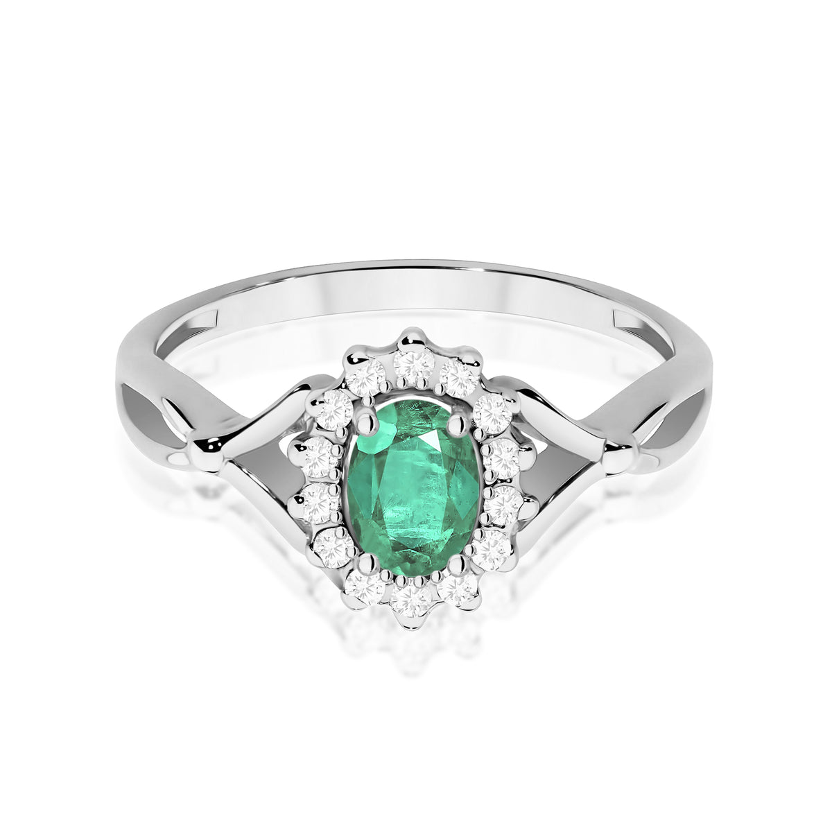 Geteilter Halo-Ring aus 585er Weißgold mit ovalem Smaragd 0,40 ct und Diamanten 0,12 ct