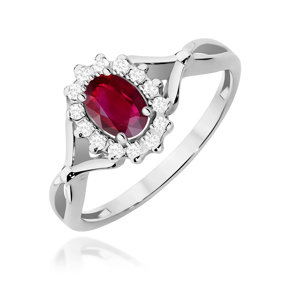 Geteilter Halo-Ring aus 585er Weißgold mit ovalem Rubin 0,60 ct und Diamanten 0,12 ct