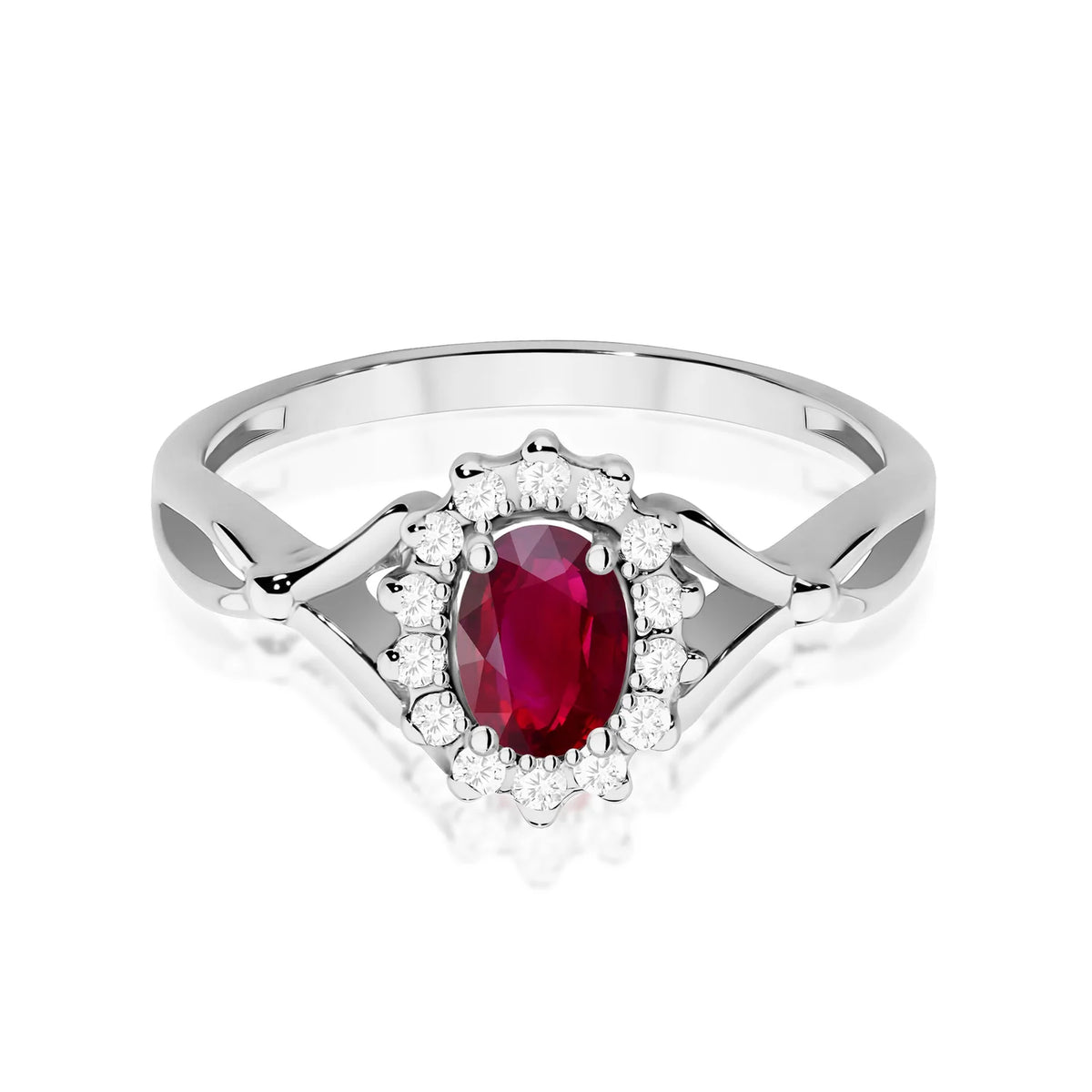 Geteilter Halo-Ring aus 585er Weißgold mit ovalem Rubin 0,60 ct und Diamanten 0,12 ct