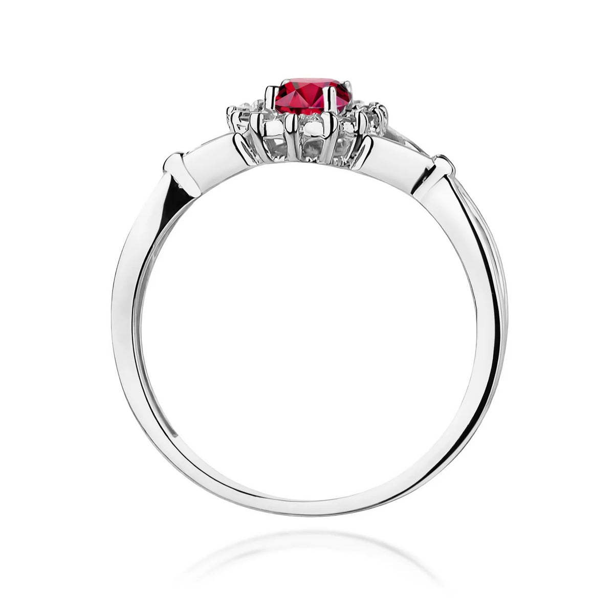 Geteilter Halo-Ring aus 585er Weißgold mit ovalem Rubin 0,60 ct und Diamanten 0,12 ct