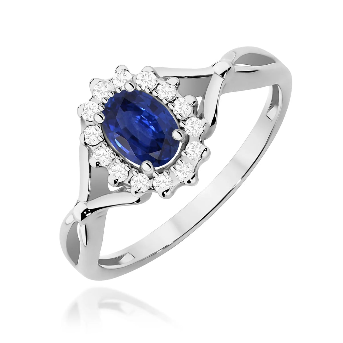 Geteilter Halo-Ring aus 585er Weißgold mit ovalem Saphir 0,70 ct und Diamanten 0,12 ct