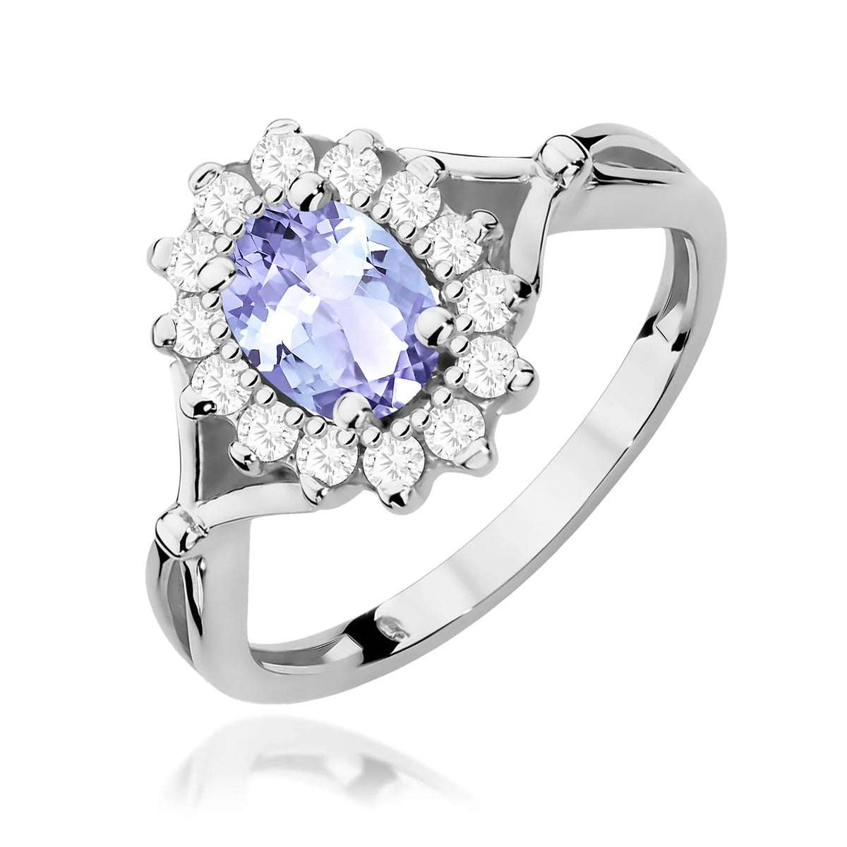 Floraler Cluster-Halo-Ring aus 585er Weißgold mit ovalem Tansanit 0,70 ct und Diamanten 0,28 ct
