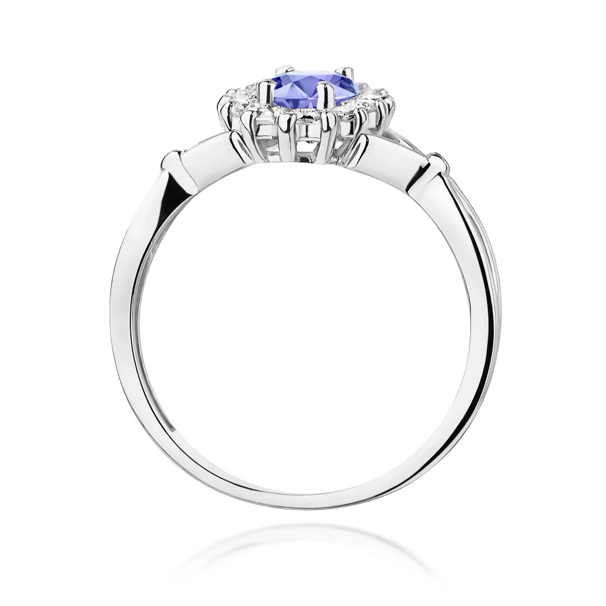 Floraler Cluster-Halo-Ring aus 585er Weißgold mit ovalem Tansanit 0,70 ct und Diamanten 0,28 ct