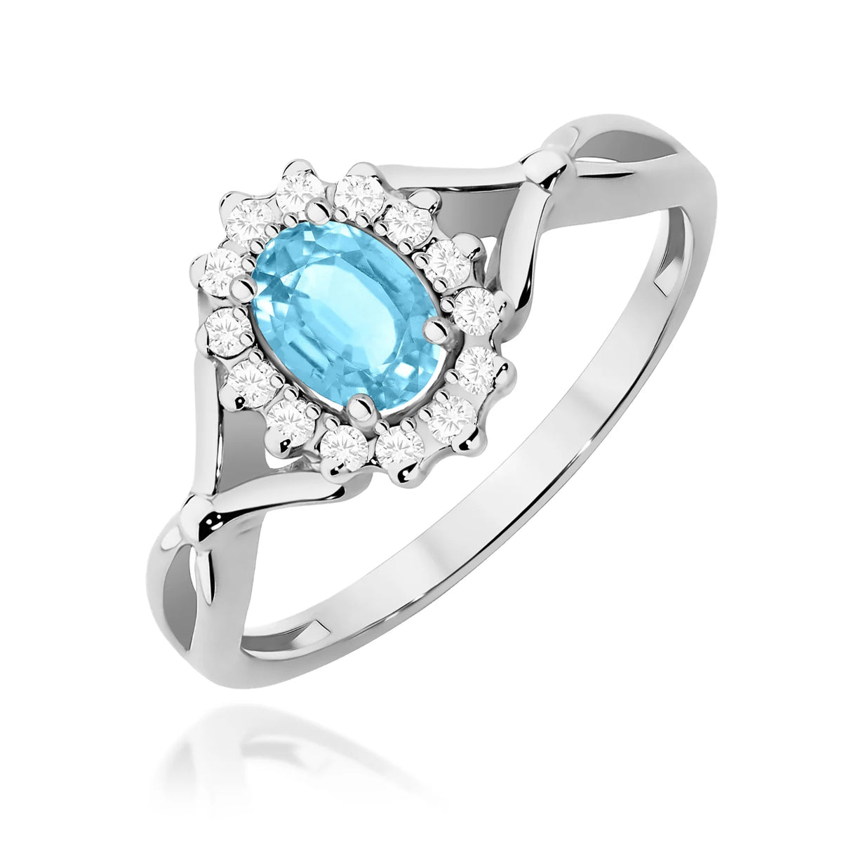 Geteilter Halo-Ring aus 585er Weißgold mit ovalem Swiss-Blue-Topas 0,50 ct und Diamanten 0,12 ct