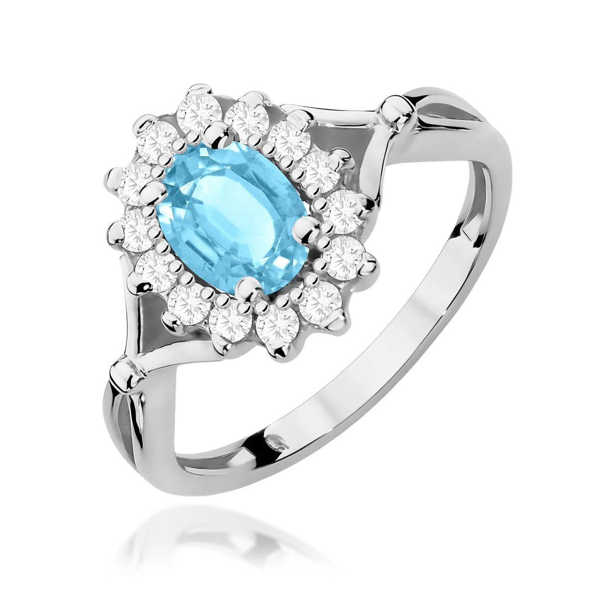 Blumen-Halo-Ring aus 585er Weißgold mit ovalem Swiss-Blue-Topas von 0,90 ct und Diamanten 0,28 ct