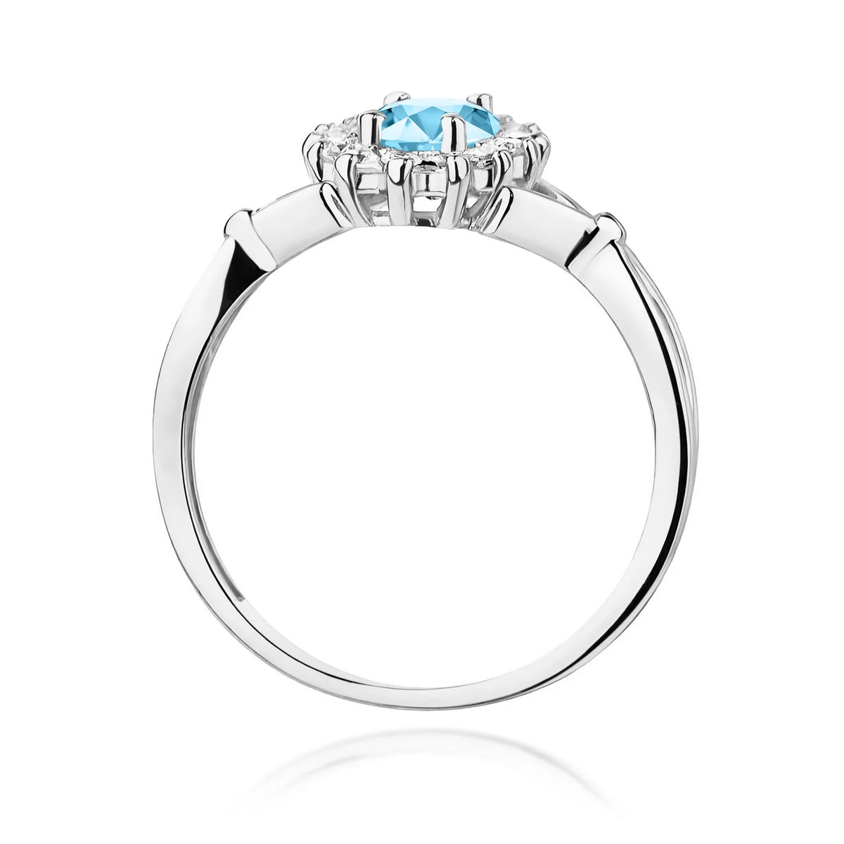 Blumen-Halo-Ring aus 585er Weißgold mit ovalem Swiss-Blue-Topas von 0,90 ct und Diamanten 0,28 ct