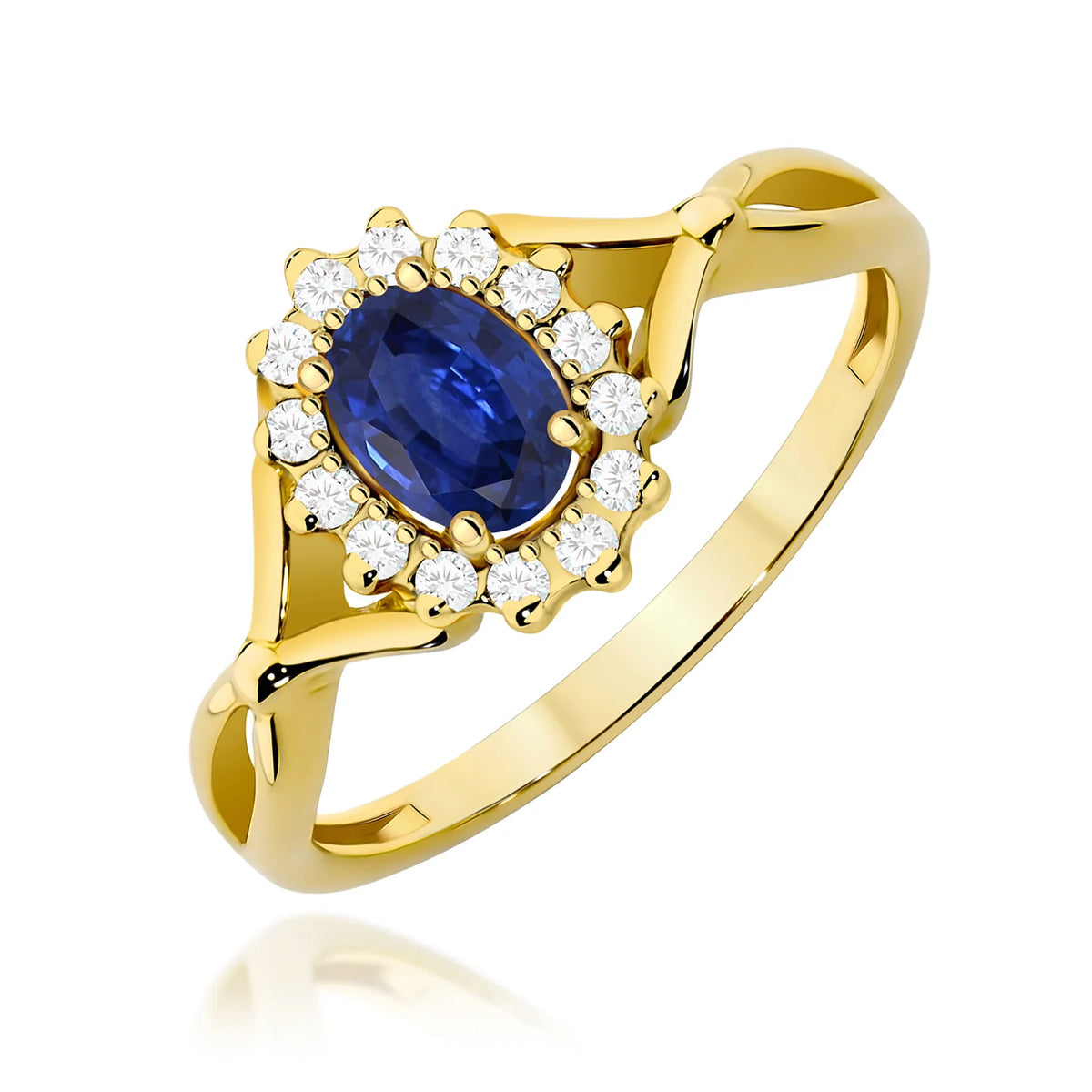Geteilter Halo-Ring aus 585er Gelbgold mit ovalem blauem Saphir 0,70 ct und Diamanten 0,12 ct