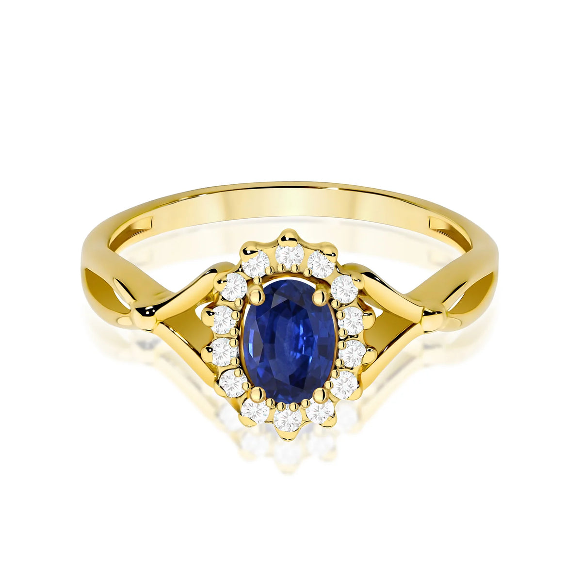 Geteilter Halo-Ring aus 585er Gelbgold mit ovalem blauem Saphir 0,70 ct und Diamanten 0,12 ct