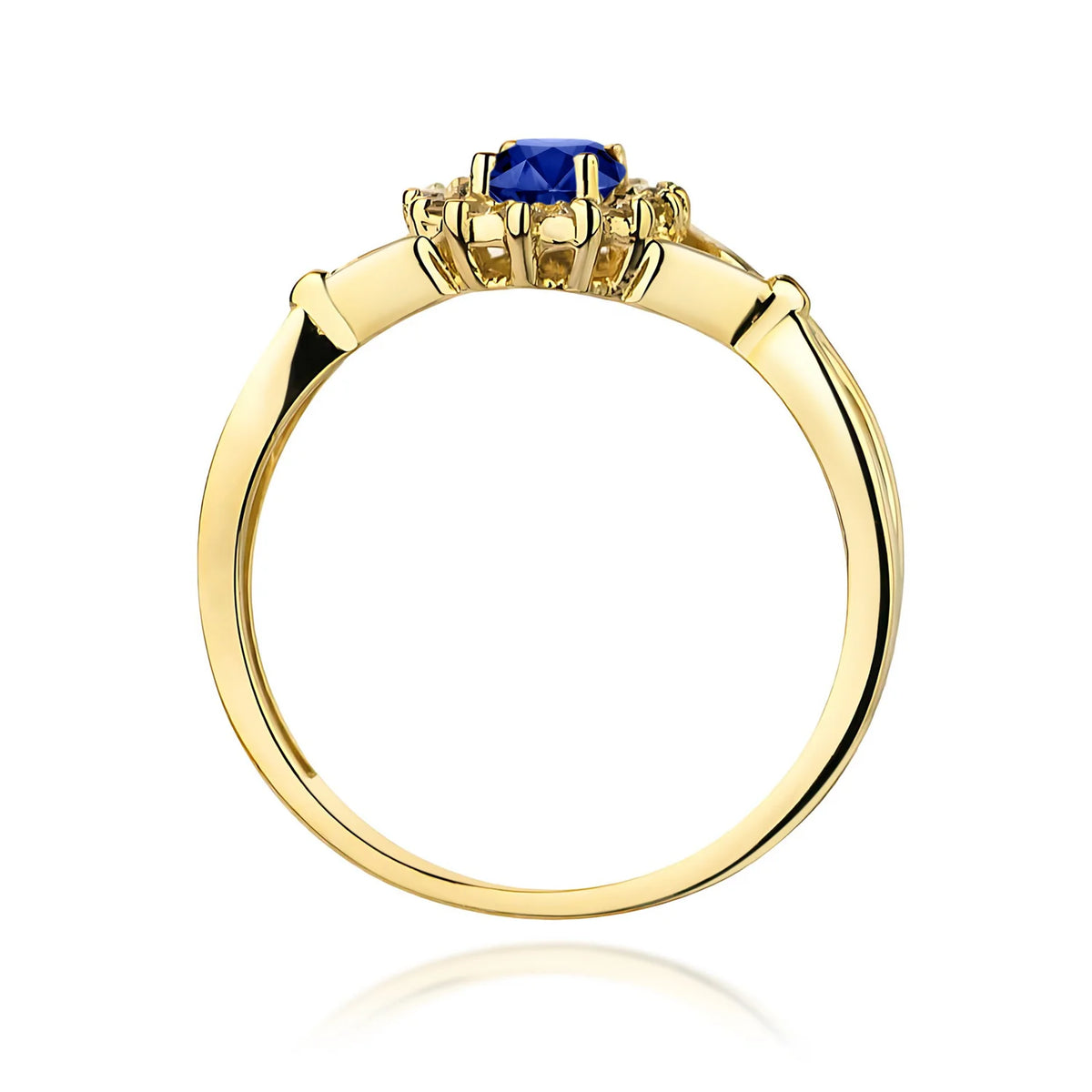Geteilter Halo-Ring aus 585er Gelbgold mit ovalem blauem Saphir 0,70 ct und Diamanten 0,12 ct