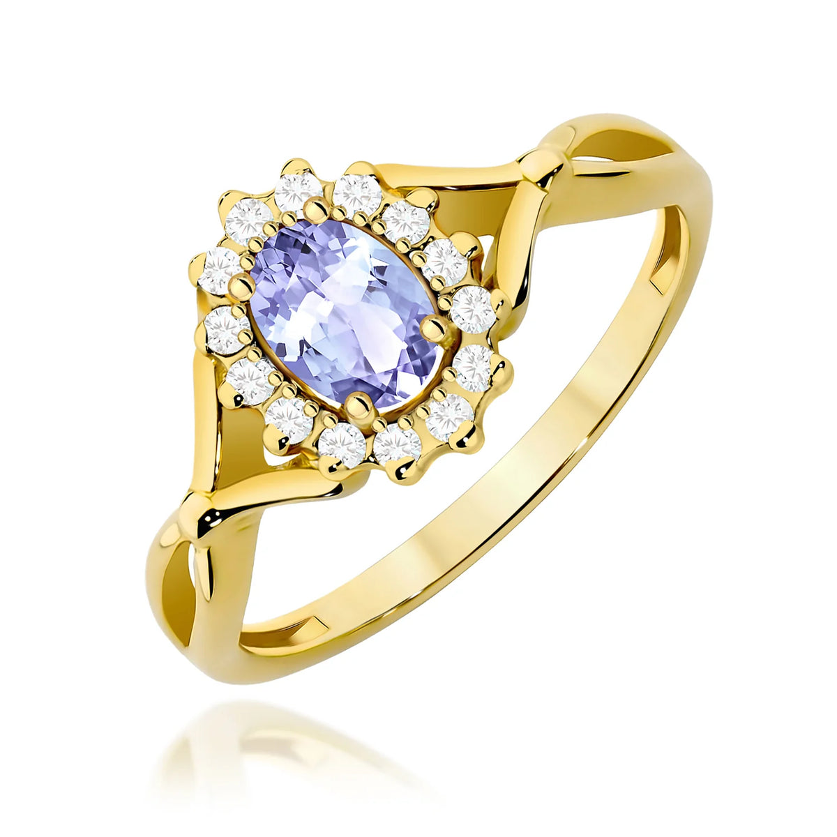 Geteilter Halo-Ring aus 585er Gelbgold mit ovalem Tansanit 0,40 ct und Diamanten 0,12 ct