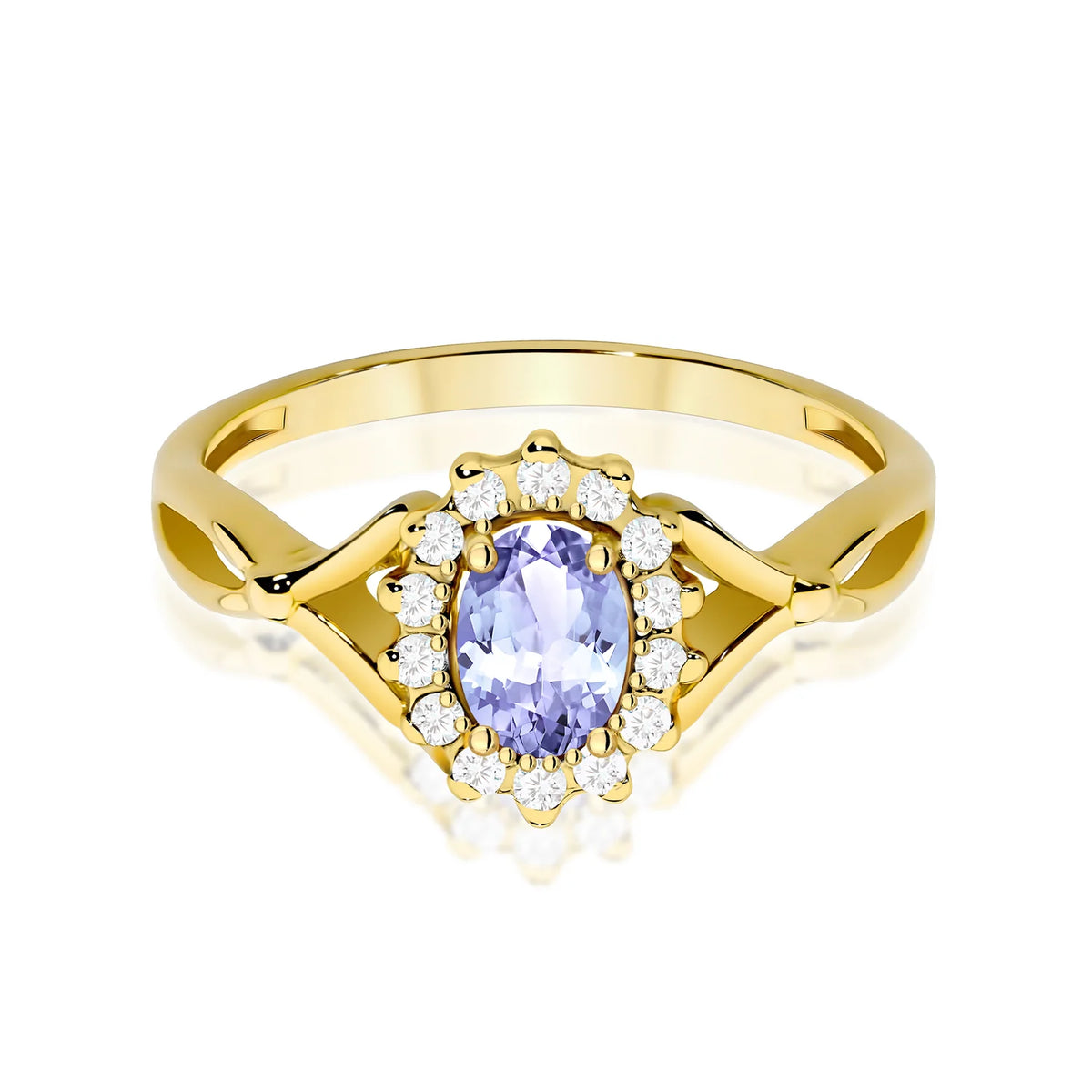 Geteilter Halo-Ring aus 585er Gelbgold mit ovalem Tansanit 0,40 ct und Diamanten 0,12 ct
