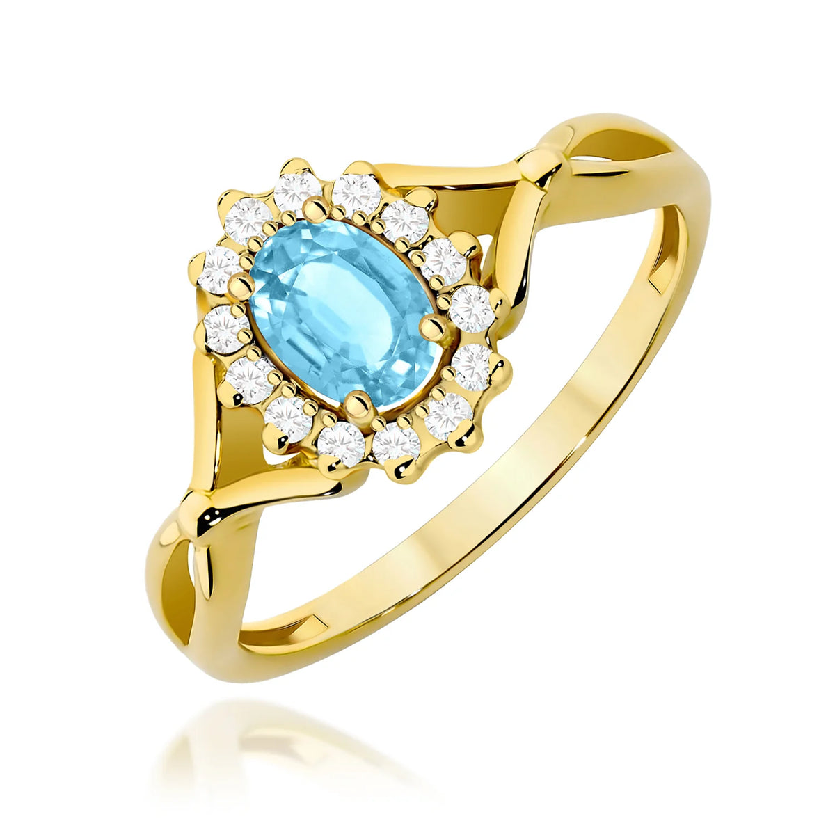 Geteilter Halo-Ring aus 585er Gelbgold mit ovalem Swiss-Blue-Topas 0,50 ct und Diamanten 0,12 ct