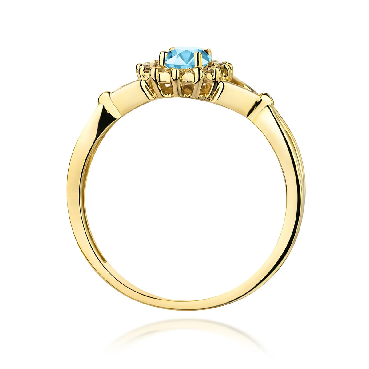 Geteilter Halo-Ring aus 585er Gelbgold mit ovalem Swiss-Blue-Topas 0,50 ct und Diamanten 0,12 ct
