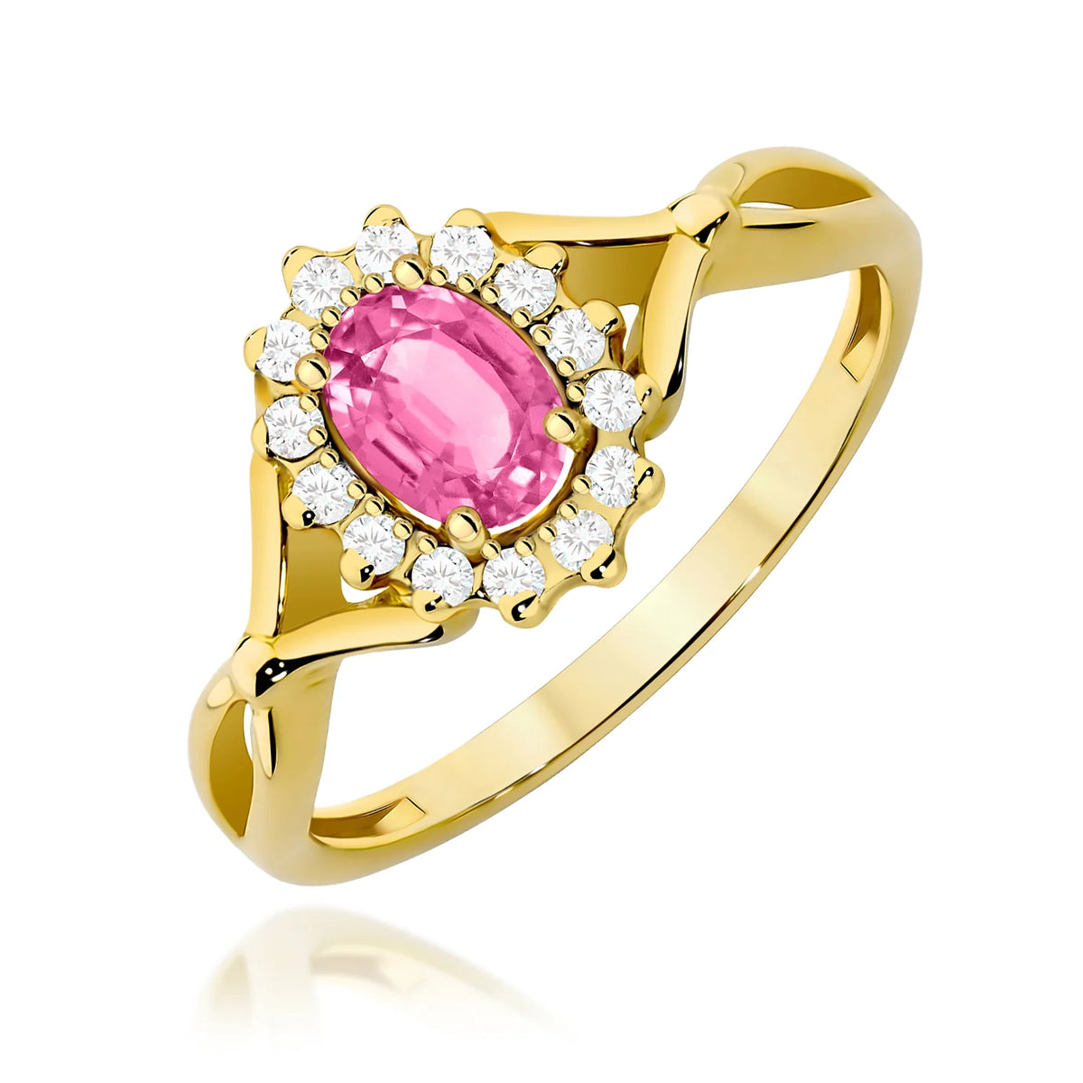 Geteilter Halo-Ring aus 585er Gelbgold mit ovalem rosa Topas 0,50 ct und Diamanten 0,28 ct