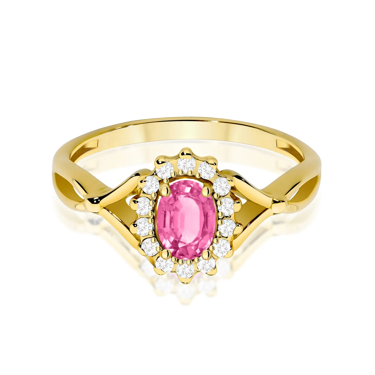 Geteilter Halo-Ring aus 585er Gelbgold mit ovalem rosa Topas 0,50 ct und Diamanten 0,28 ct
