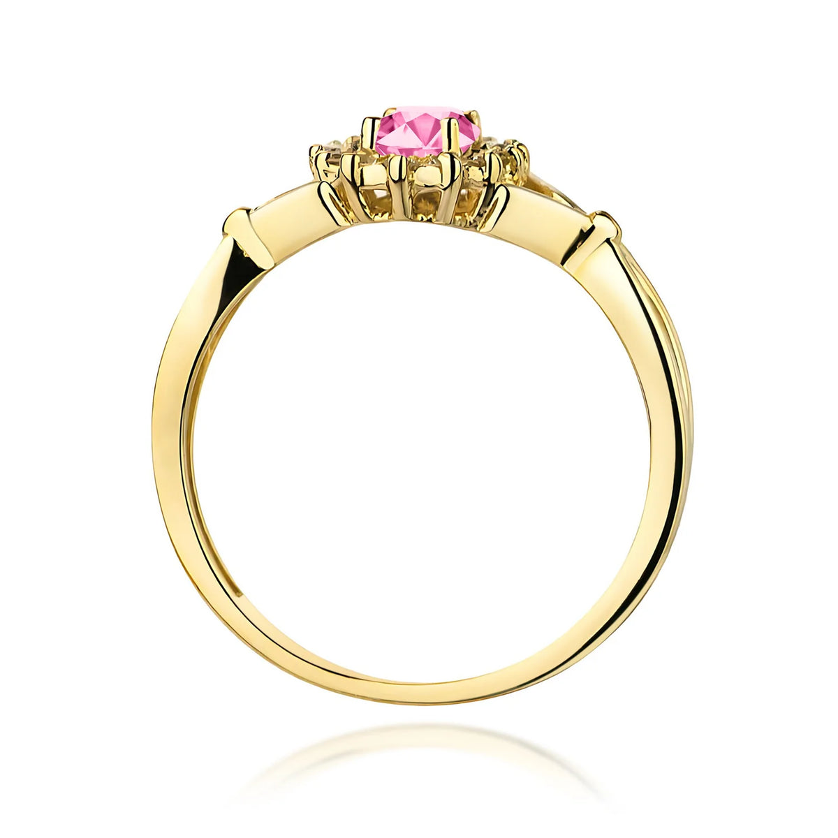 Geteilter Halo-Ring aus 585er Gelbgold mit ovalem rosa Topas 0,50 ct und Diamanten 0,28 ct