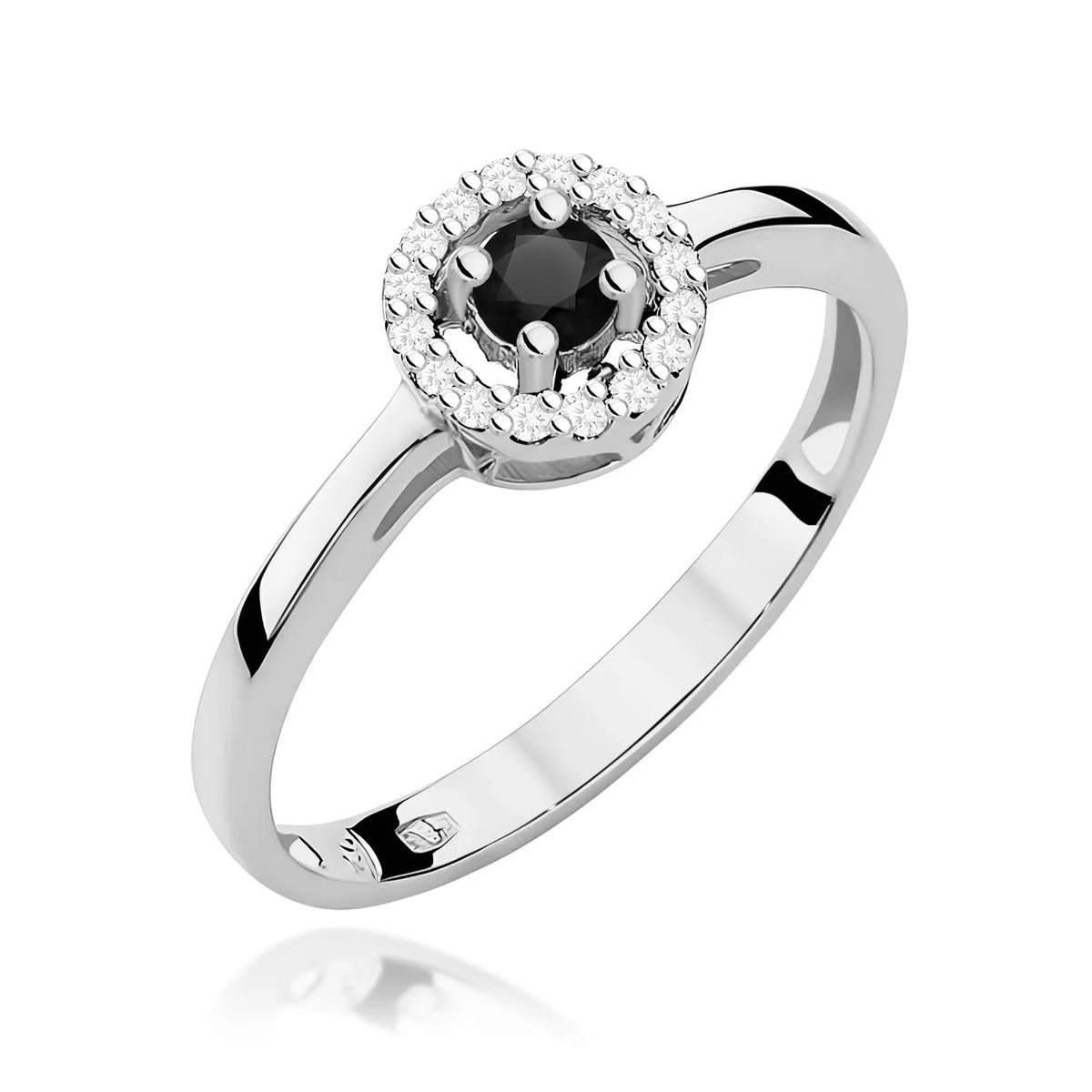 Abgerundeter quadratischer Halo-Ring aus 585er Weißgold mit schwarzen Diamanten 0,12 ct und Diamanten 0,08 ct