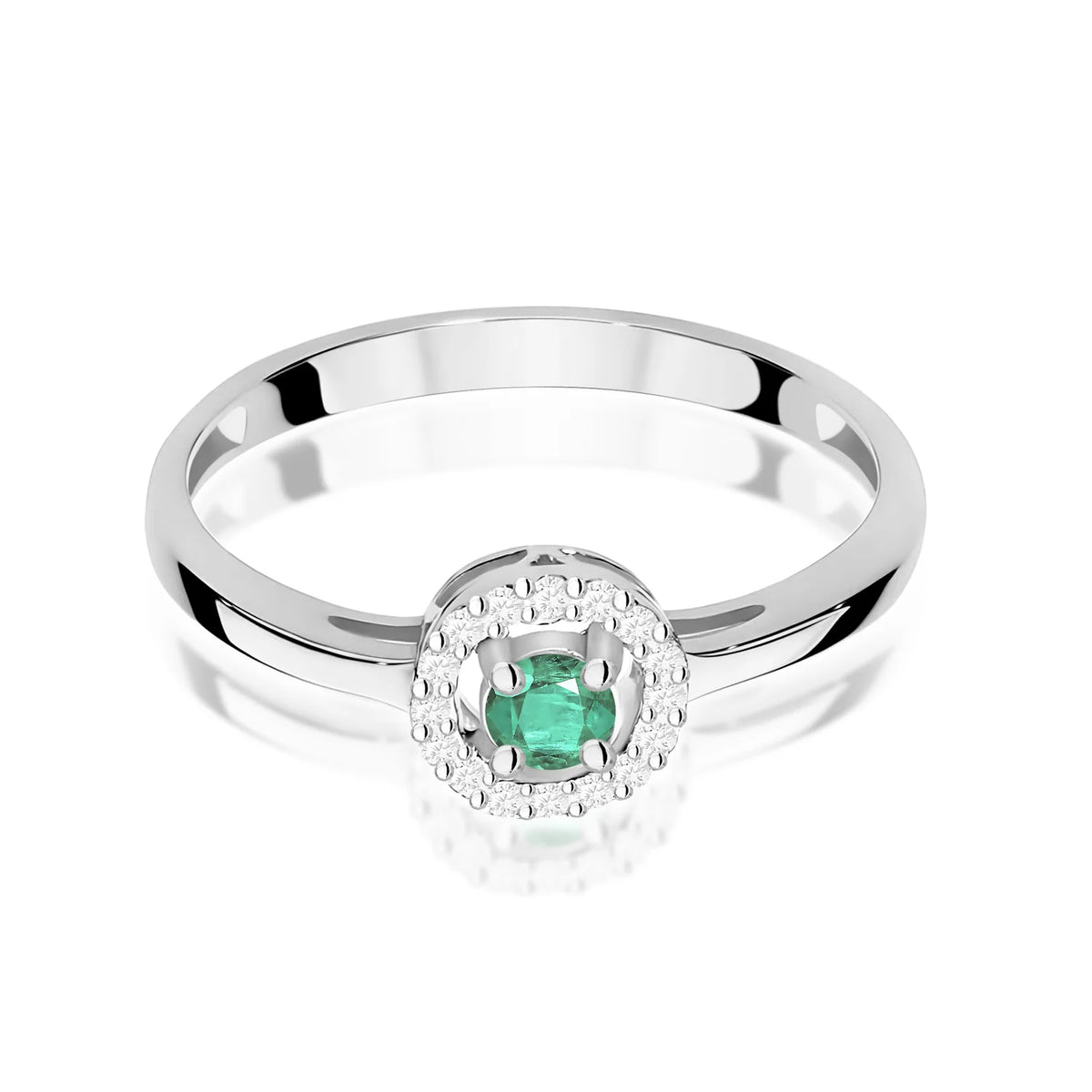 Abgerundeter quadratischer Halo-Ring aus 585er Weißgold mit 0,15 ct Smaragd und 0,08 ct Diamanten