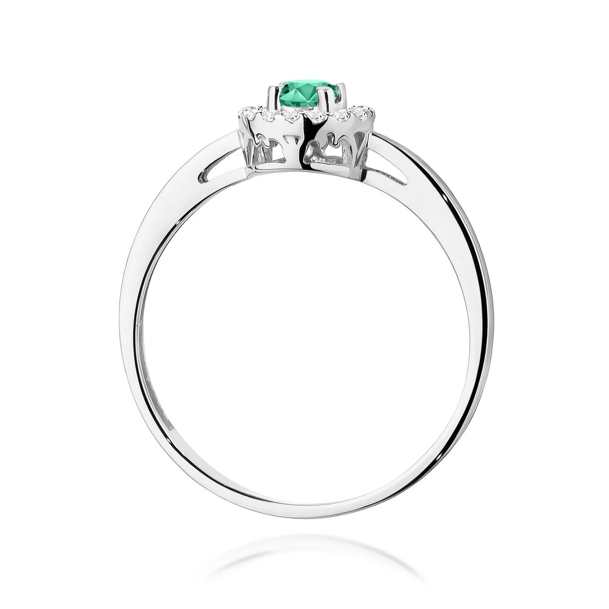 Abgerundeter quadratischer Halo-Ring aus 585er Weißgold mit 0,15 ct Smaragd und 0,08 ct Diamanten