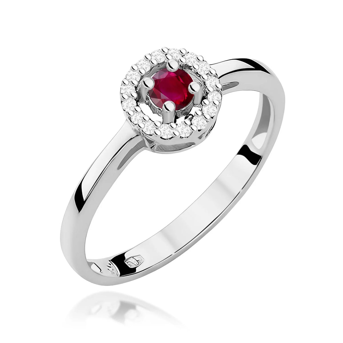 Abgerundeter quadratischer Halo-Ring aus 585er Weißgold mit 0,15 ct Rubin und 0,08 ct Diamanten