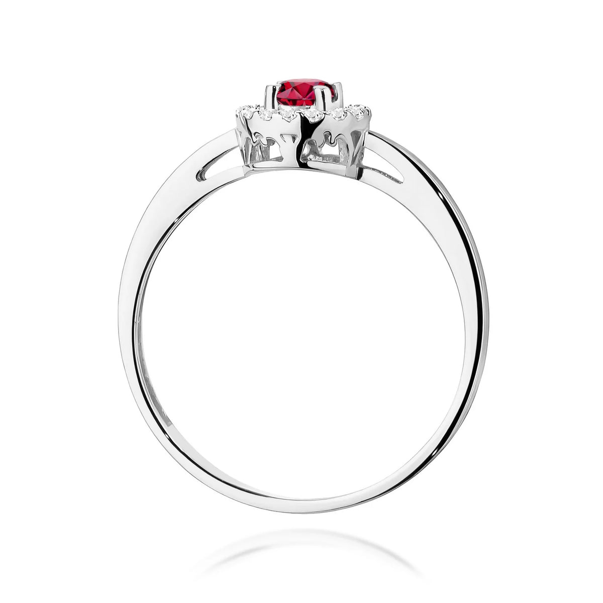 Abgerundeter quadratischer Halo-Ring aus 585er Weißgold mit 0,15 ct Rubin und 0,08 ct Diamanten