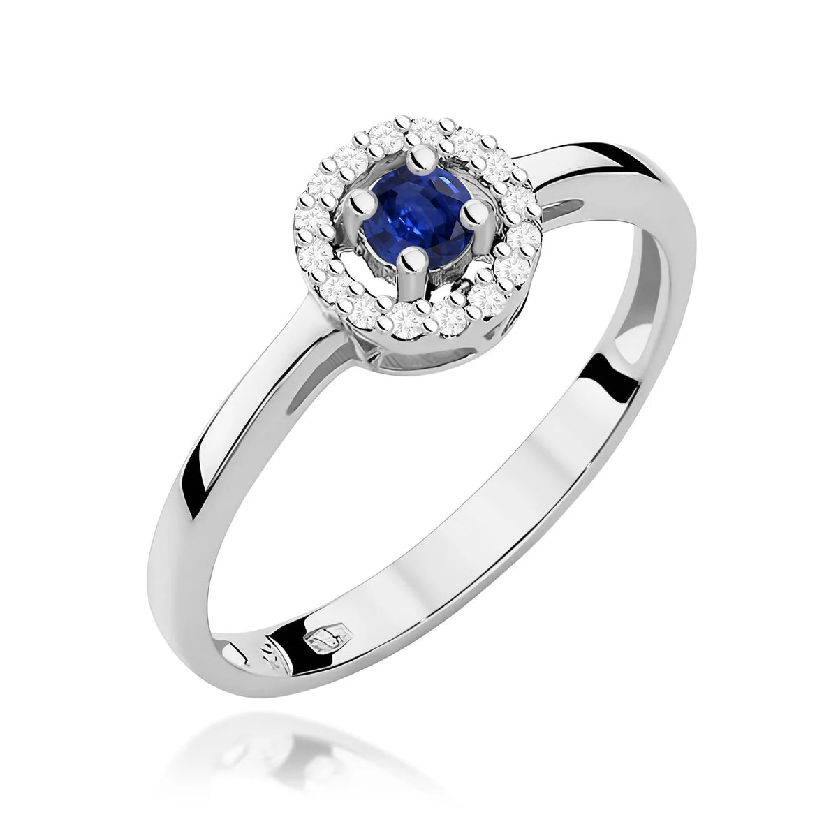 Abgerundeter quadratischer Halo-Ring aus 585er Weißgold mit blauem Saphir 0,15 ct und Diamanten 0,08 ct