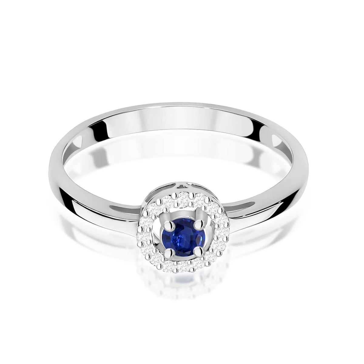 Abgerundeter quadratischer Halo-Ring aus 585er Weißgold mit blauem Saphir 0,15 ct und Diamanten 0,08 ct