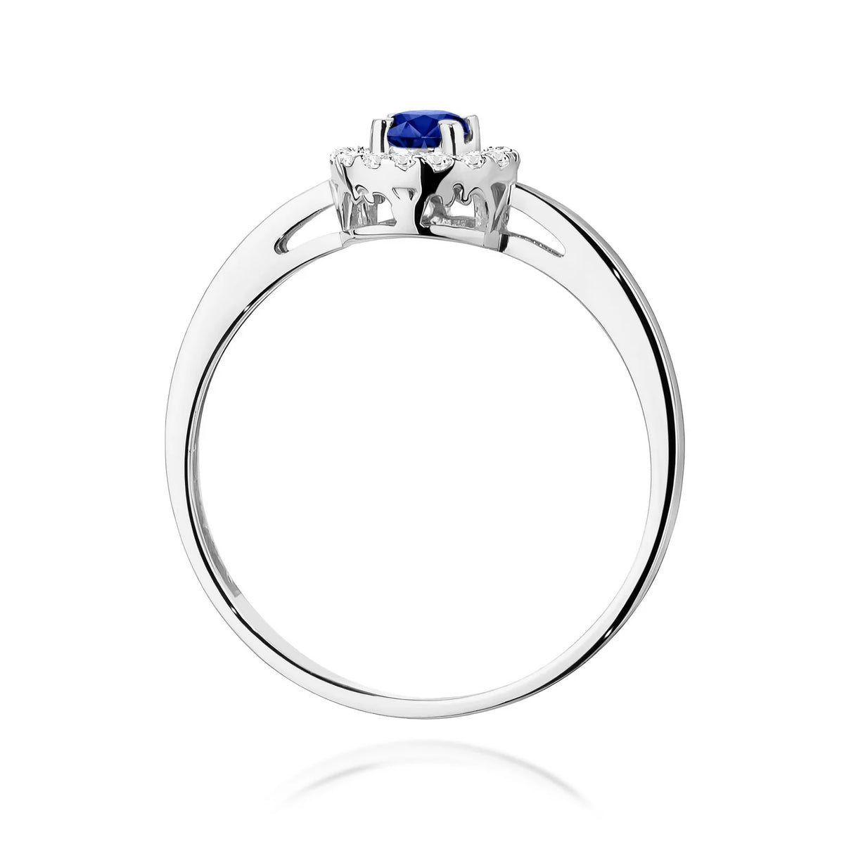 Abgerundeter quadratischer Halo-Ring aus 585er Weißgold mit blauem Saphir 0,15 ct und Diamanten 0,08 ct