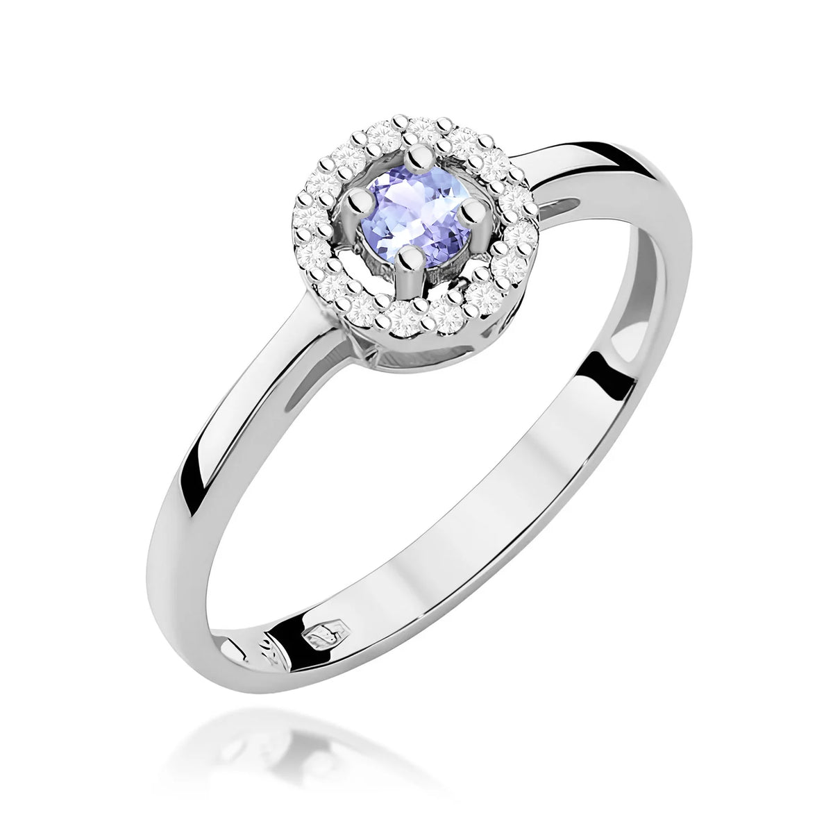 Abgerundeter quadratischer Halo-Ring aus 585er Weißgold mit 0,15 ct Tansanit und 0,08 ct Diamanten