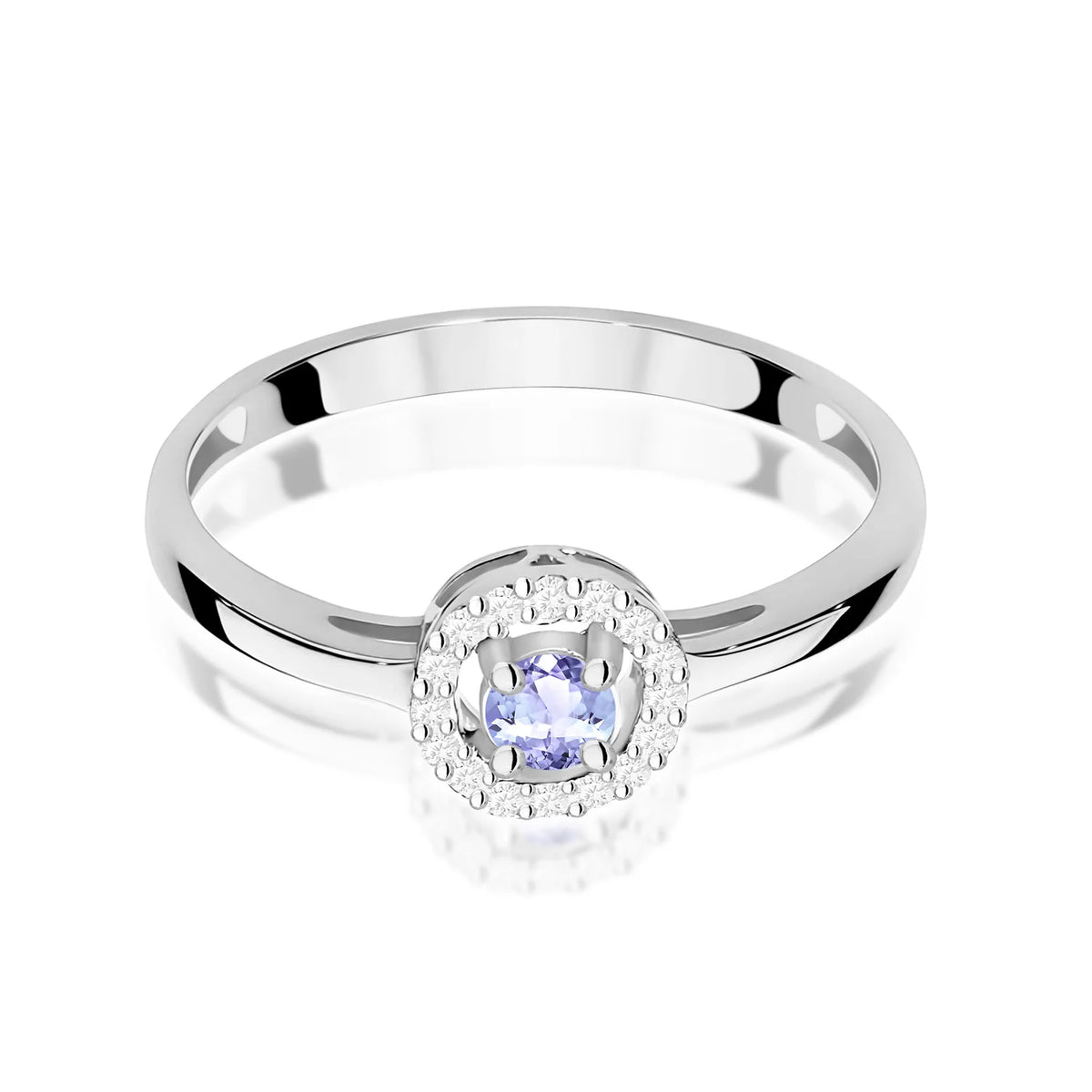 Abgerundeter quadratischer Halo-Ring aus 585er Weißgold mit 0,15 ct Tansanit und 0,08 ct Diamanten