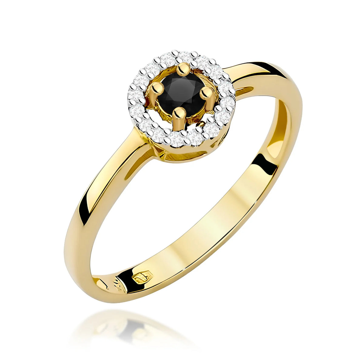 Abgerundeter, quadratischer Halo-Ring aus 585er Gelbgold mit schwarzen Diamanten 0,12 ct und Diamanten 0,08 ct