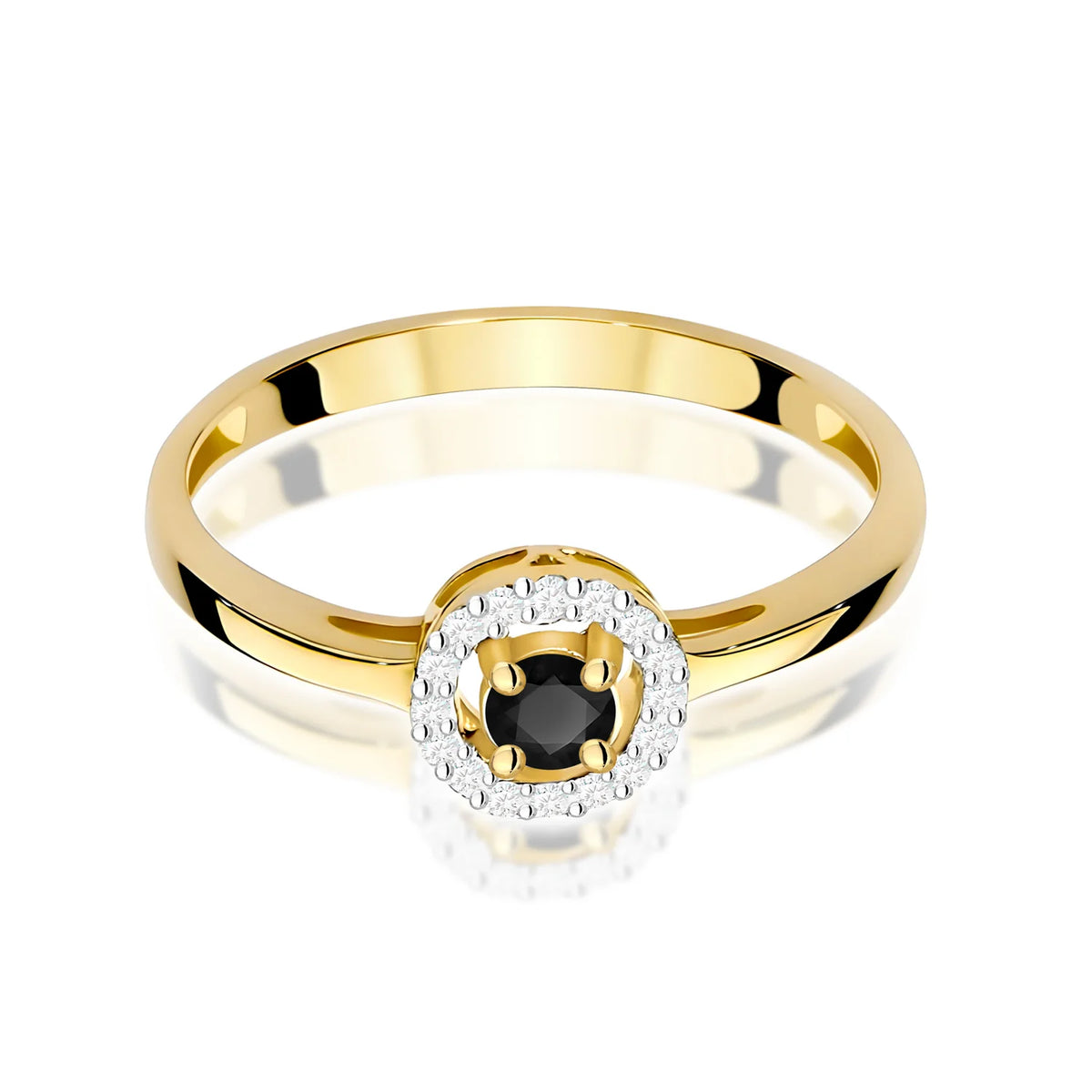 Abgerundeter, quadratischer Halo-Ring aus 585er Gelbgold mit schwarzen Diamanten 0,12 ct und Diamanten 0,08 ct