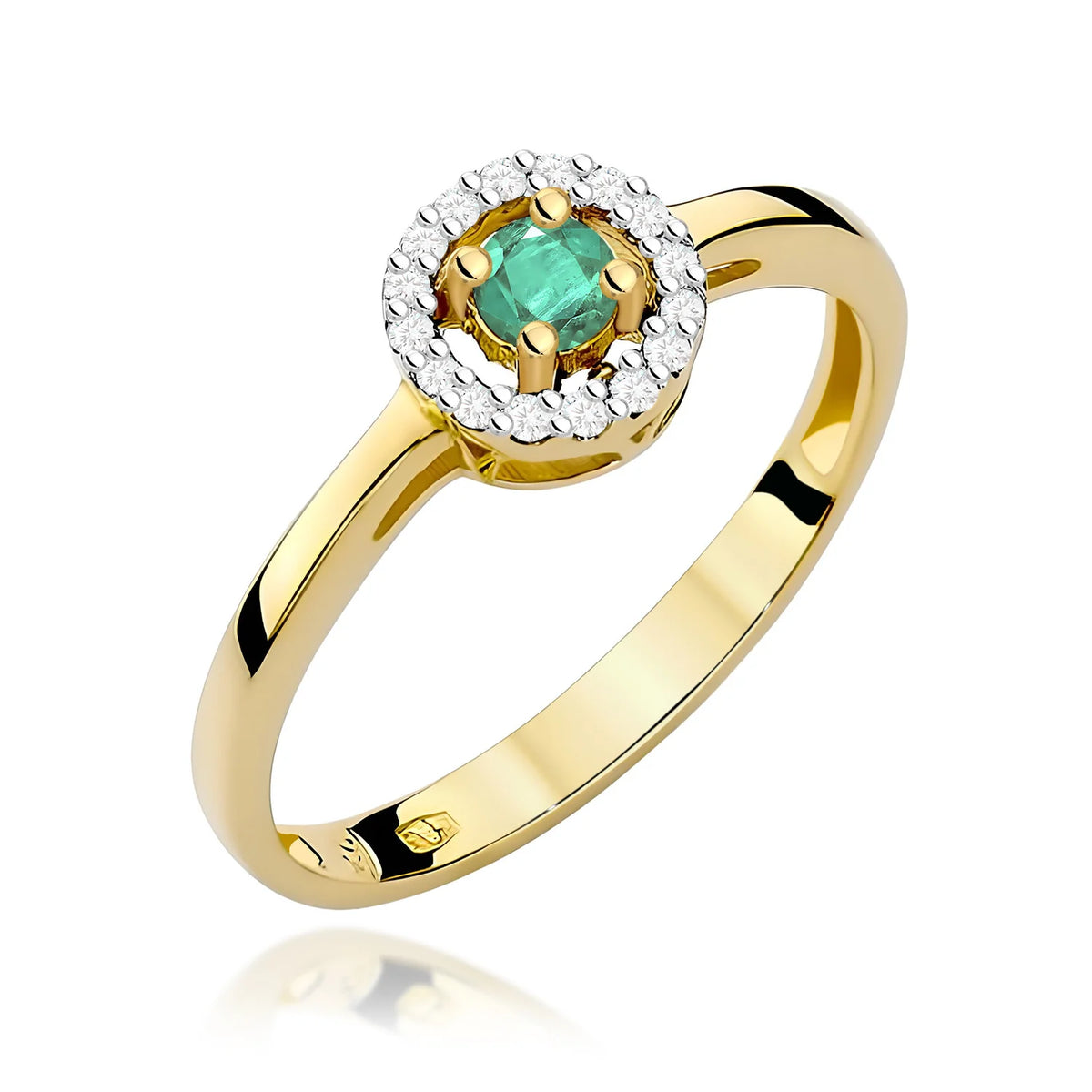 Abgerundeter quadratischer Halo-Ring aus 585er Gelbgold mit 0,15 ct Smaragd und 0,08 ct Diamanten