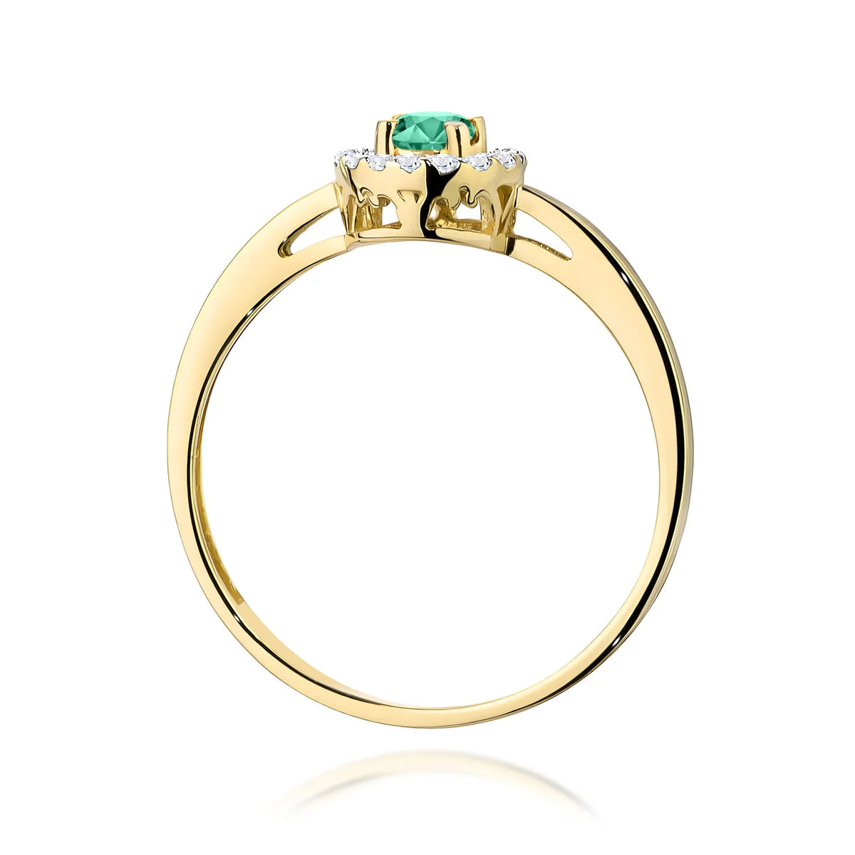 Abgerundeter quadratischer Halo-Ring aus 585er Gelbgold mit 0,15 ct Smaragd und 0,08 ct Diamanten