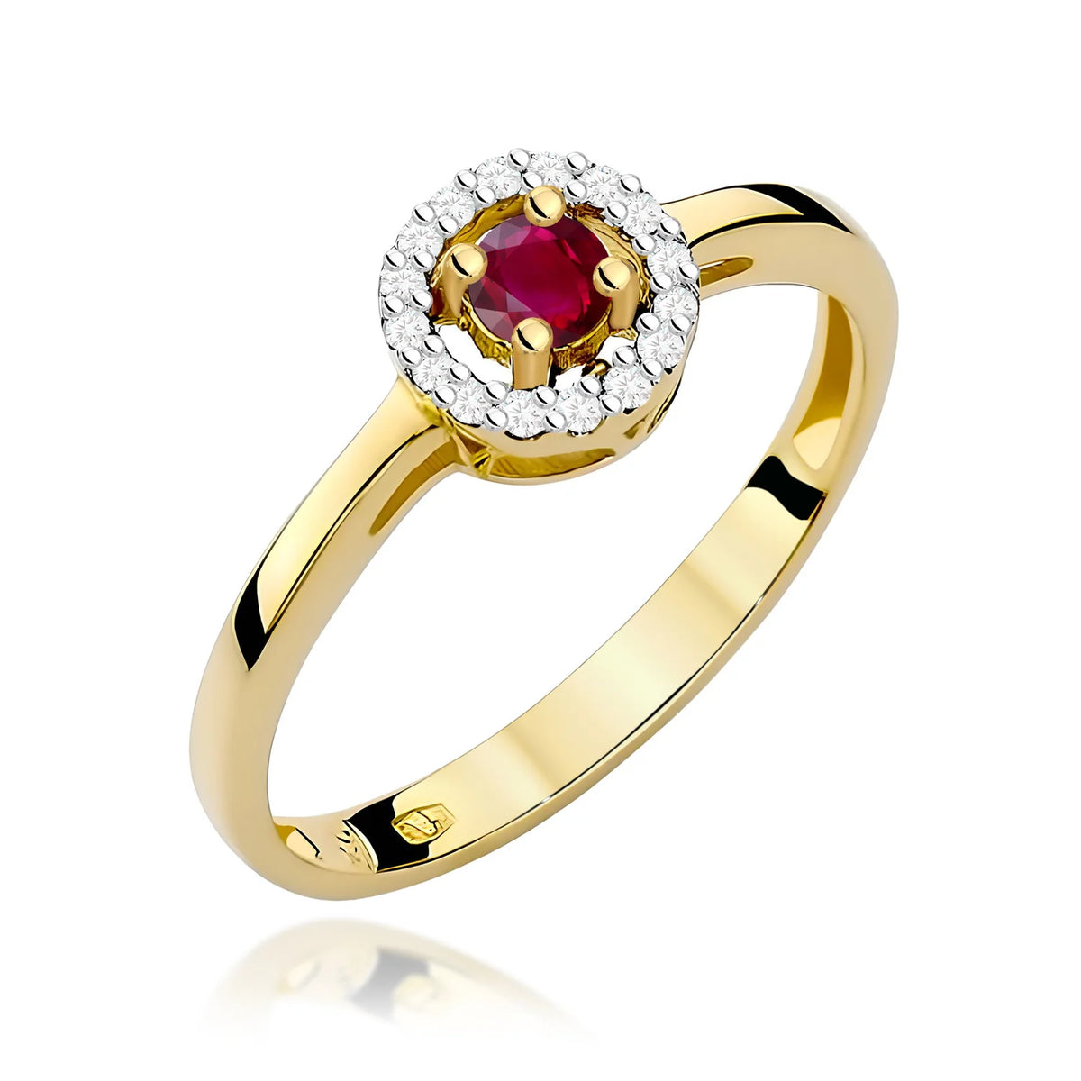 Abgerundeter quadratischer Halo-Ring aus 585er Gelbgold mit 0,15 ct Rubin und 0,08 ct Diamanten