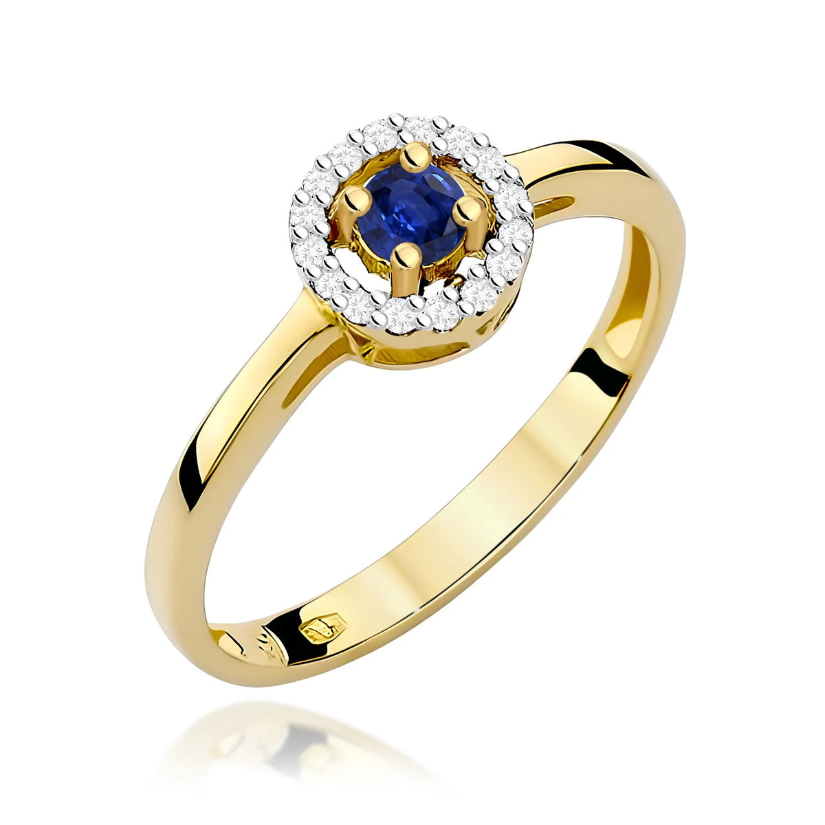 Abgerundeter quadratischer Halo-Ring aus 585er Gelbgold mit blauem Saphir 0,15 ct und Diamanten 0,08 ct