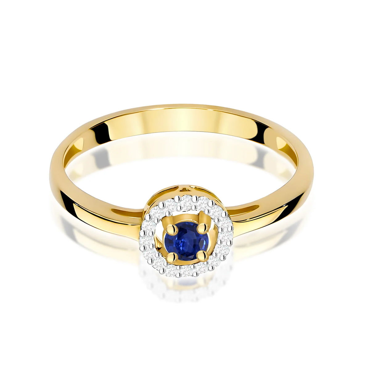 Abgerundeter quadratischer Halo-Ring aus 585er Gelbgold mit blauem Saphir 0,15 ct und Diamanten 0,08 ct
