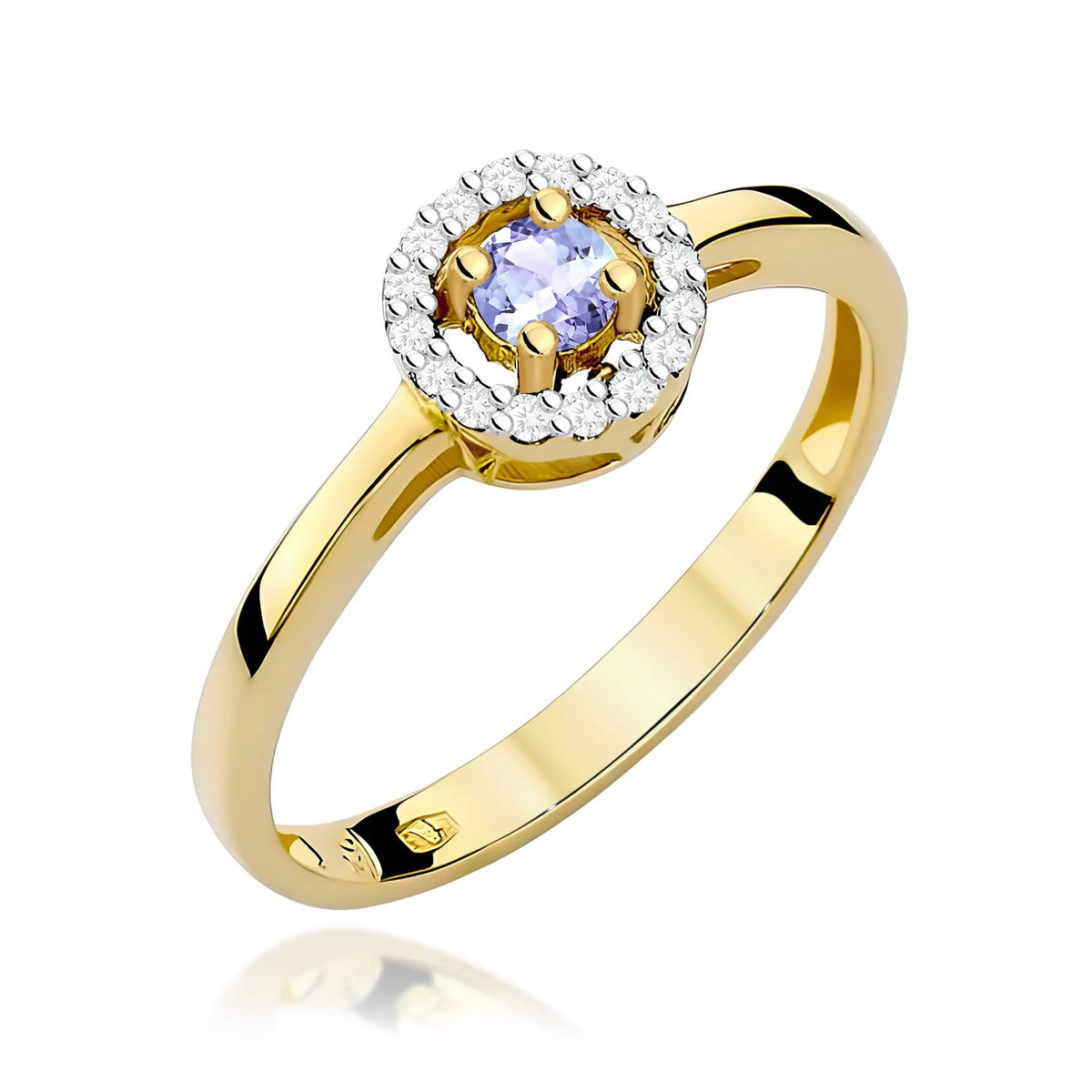 Abgerundeter quadratischer Halo-Ring aus 585er Gelbgold mit 0,15 ct Tansanit und 0,08 ct Diamanten