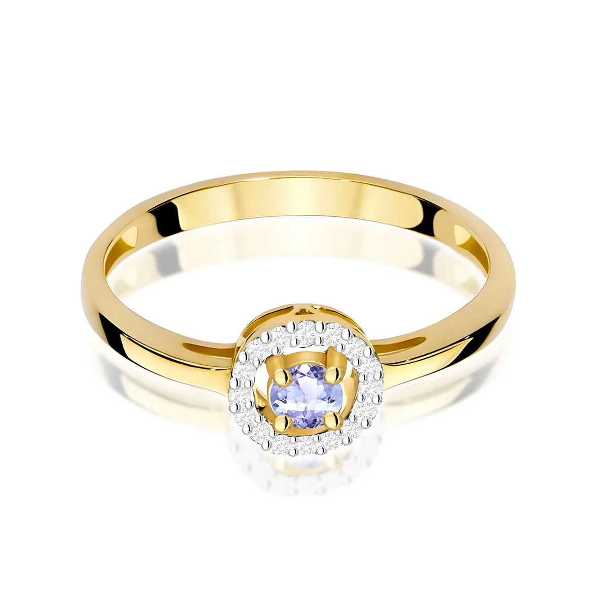 Abgerundeter quadratischer Halo-Ring aus 585er Gelbgold mit 0,15 ct Tansanit und 0,08 ct Diamanten