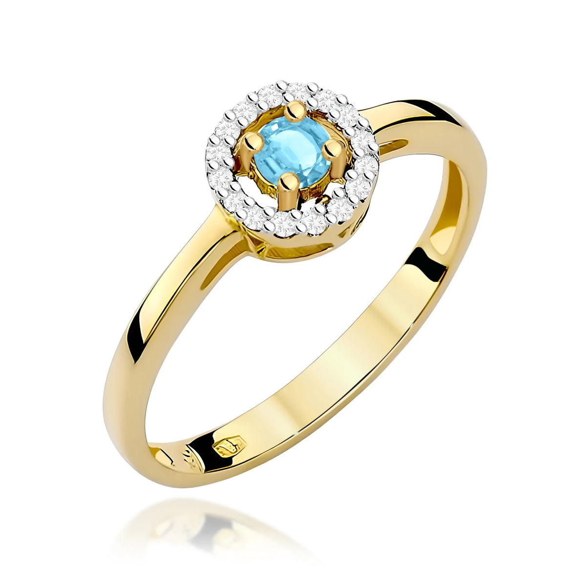Abgerundeter quadratischer Halo-Ring aus 585er Gelbgold mit 0,15 ct Swiss-Blue-Topas und 0,08 ct Diamanten
