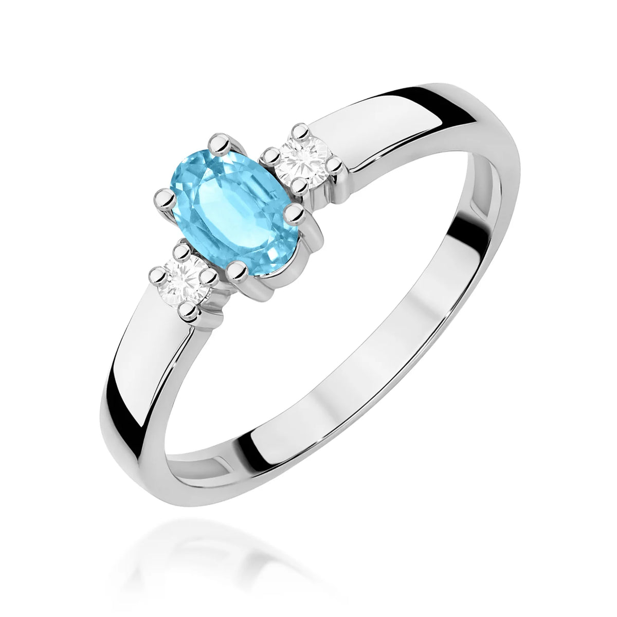 Trilogie-Ring aus 585er Weißgold mit ovalem Swiss-Blue-Topas 0,50 ct und Diamanten 0,08 ct
