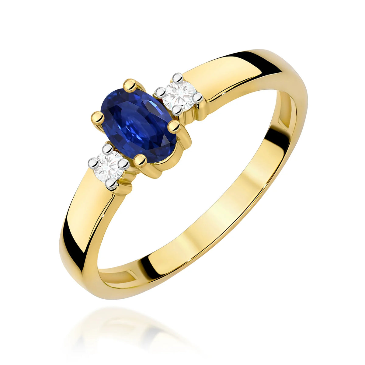 Trilogie-Ring aus 585er Gelbgold mit ovalem blauem Saphir 0,70 ct und Diamanten 0,08 ct